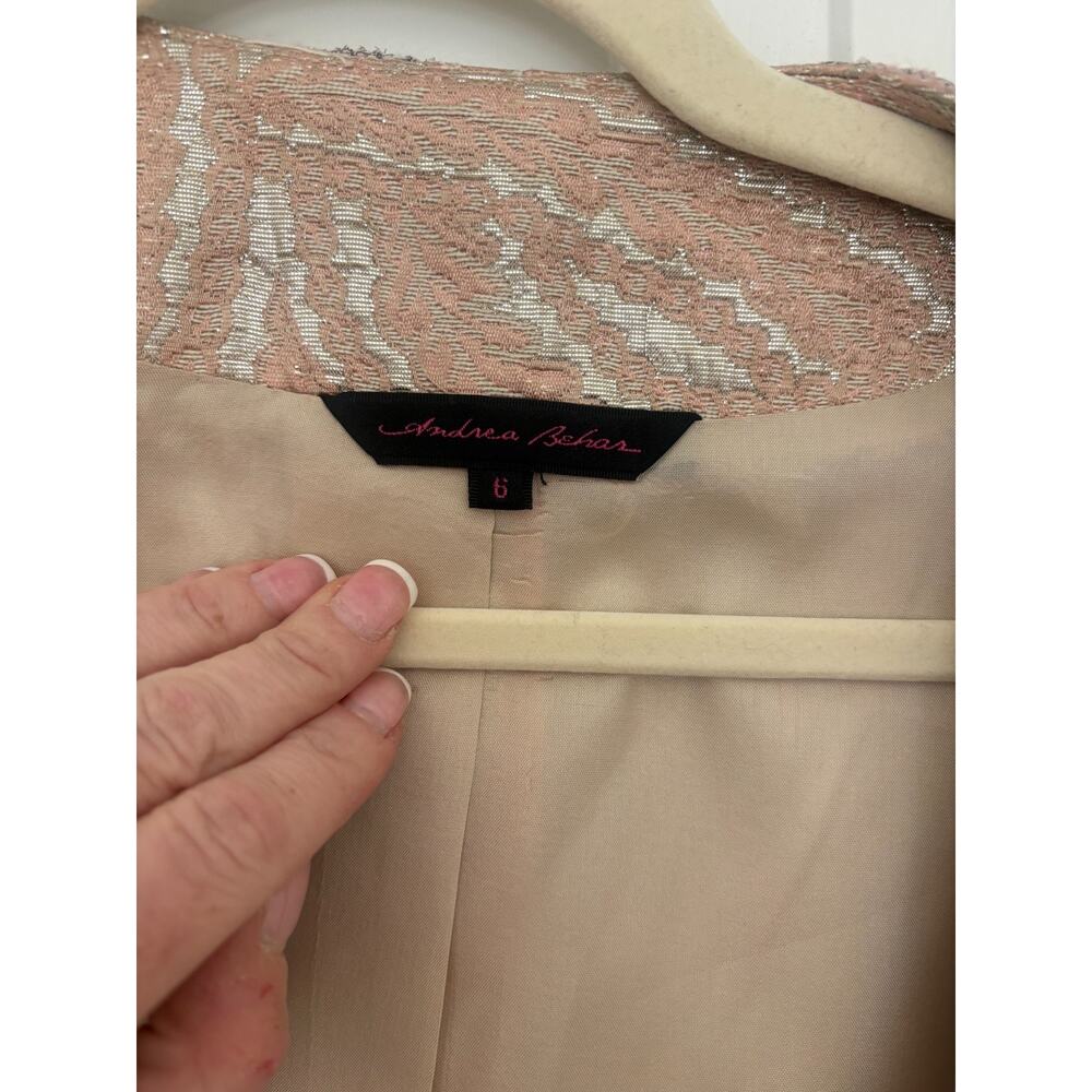 Andrea Behar Blush Pink Metallic Brocade Evening Jacket Sequin Beaded Trim Sz 6 - Picture 3 of 6